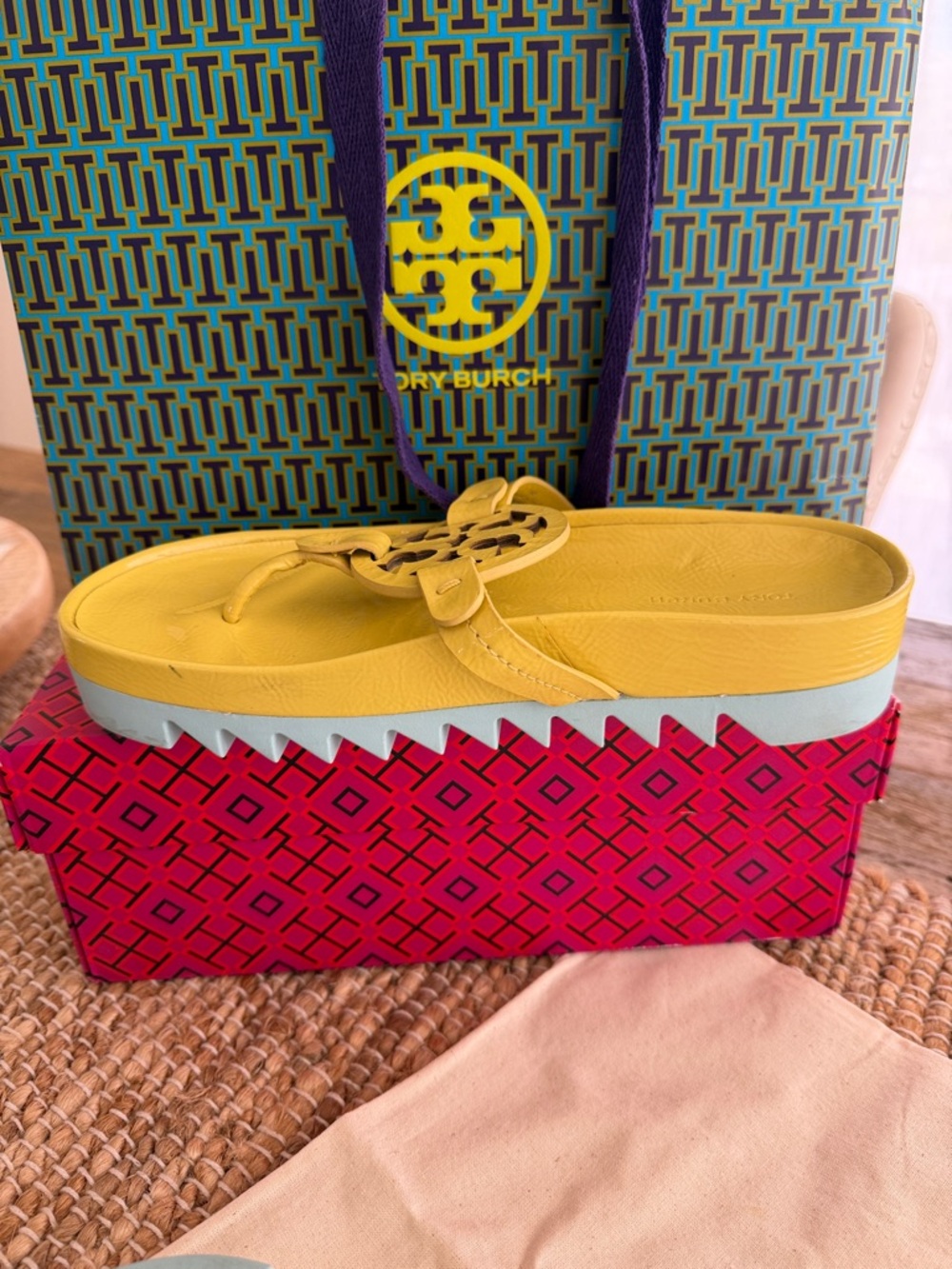 Tory Burch Patent Logo Toe-Post Sandal in Yellow and Light Blue